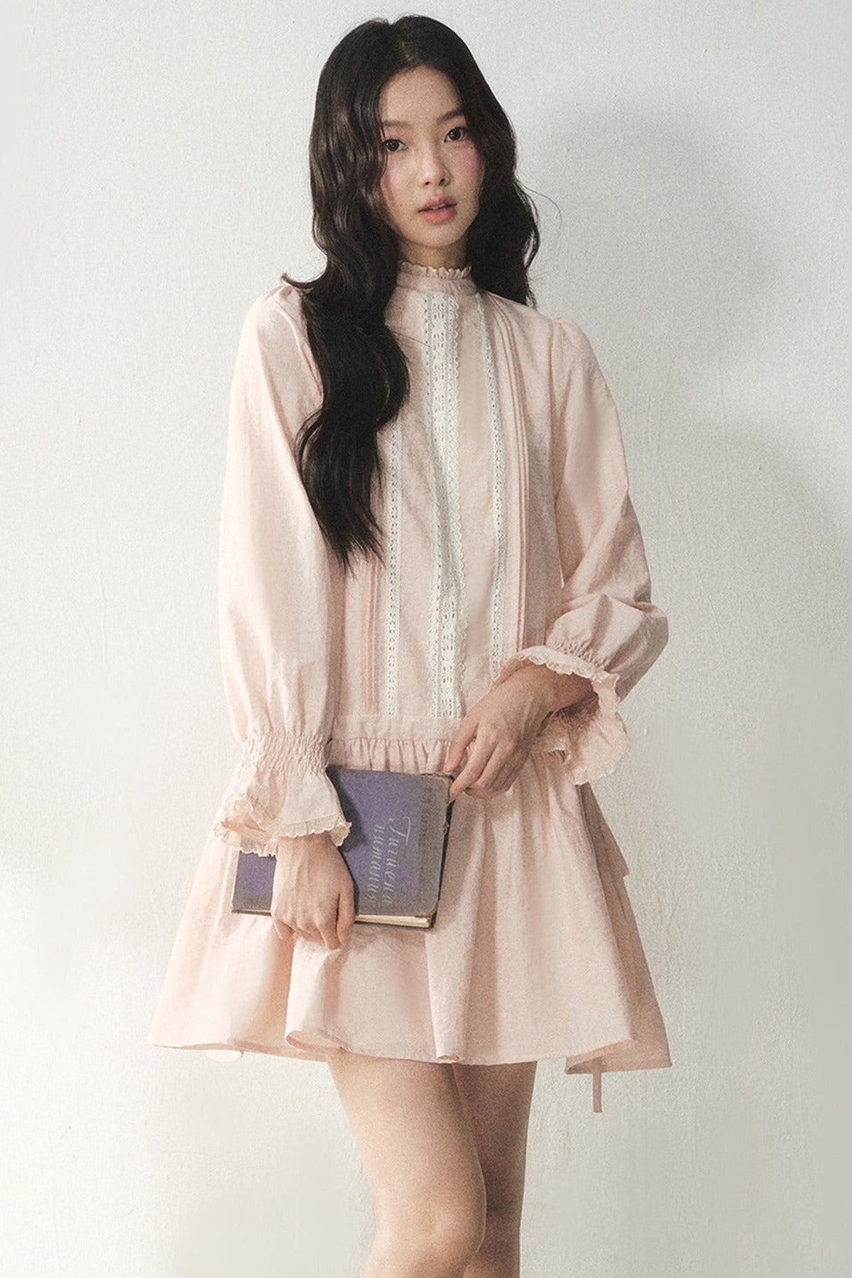 Lace High Collar Ruffle Dress