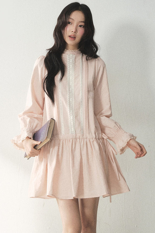 Lace High Collar Ruffle Dress