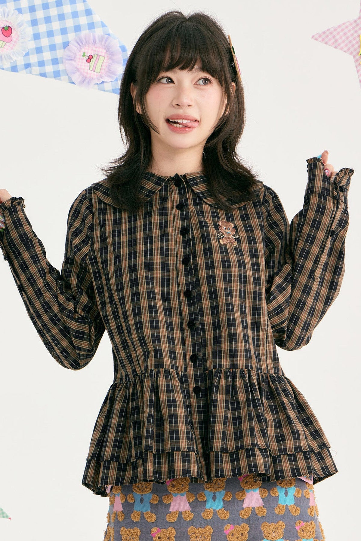 Brown Plaid Doll Collar Cotton Shirt