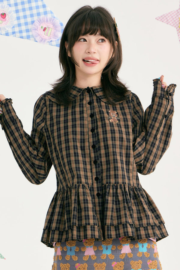Brown Plaid Doll Collar Cotton Shirt