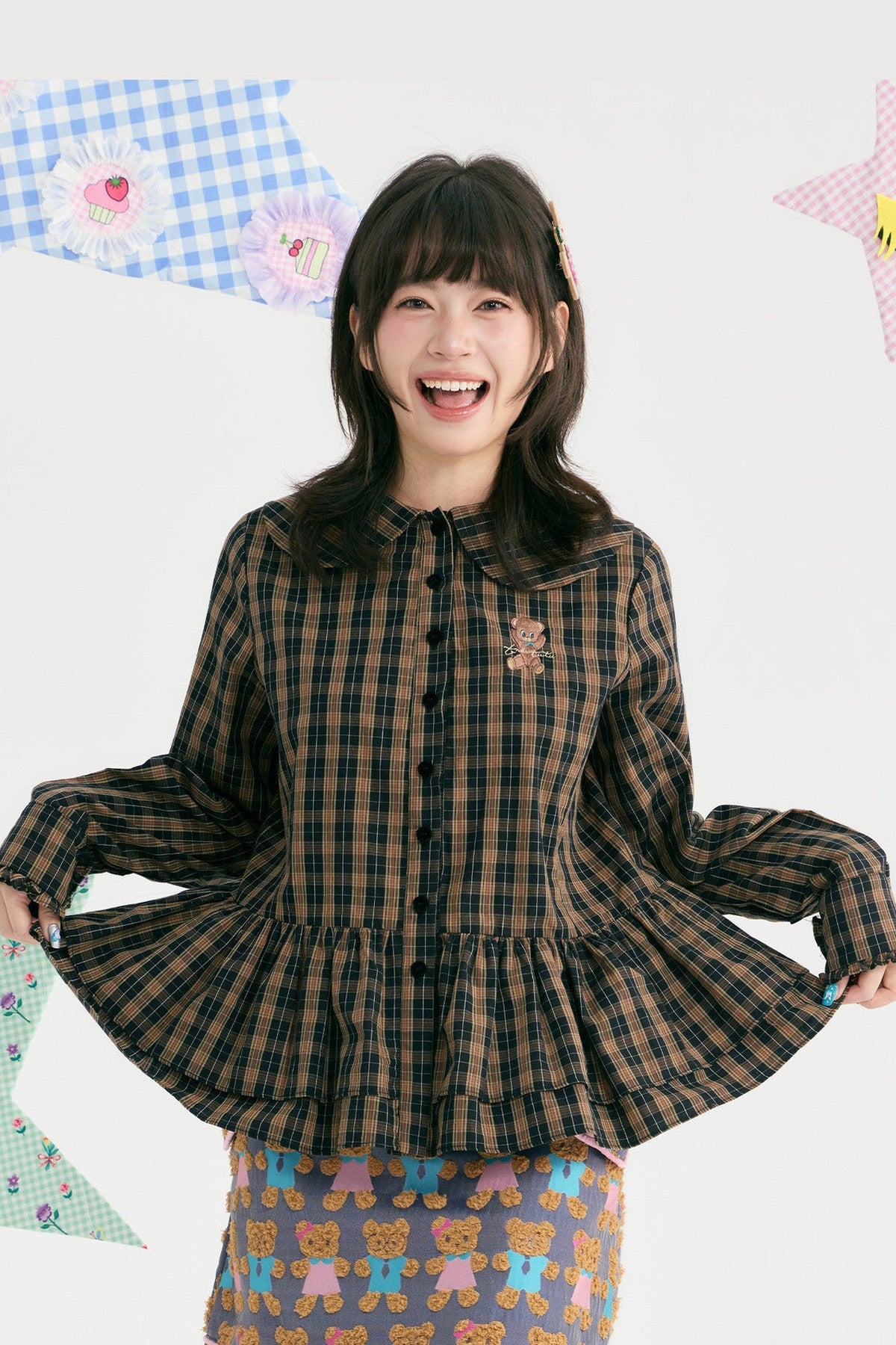 Brown Plaid Doll Collar Cotton Shirt