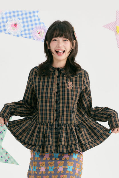 Brown Plaid Doll Collar Cotton Shirt