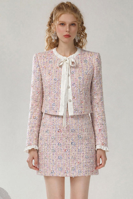 Champagne Pink Round Neck Jacket and Skirt Set