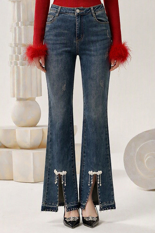 Pearl Bow Fringe Flared Jeans