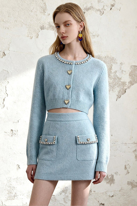 Mist Blue Cropped Knit Top and Skirt Set