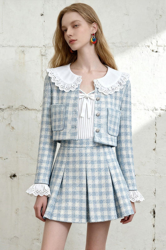 Lace-Trimmed Collar Plaid Jacket and Short Skirt Set