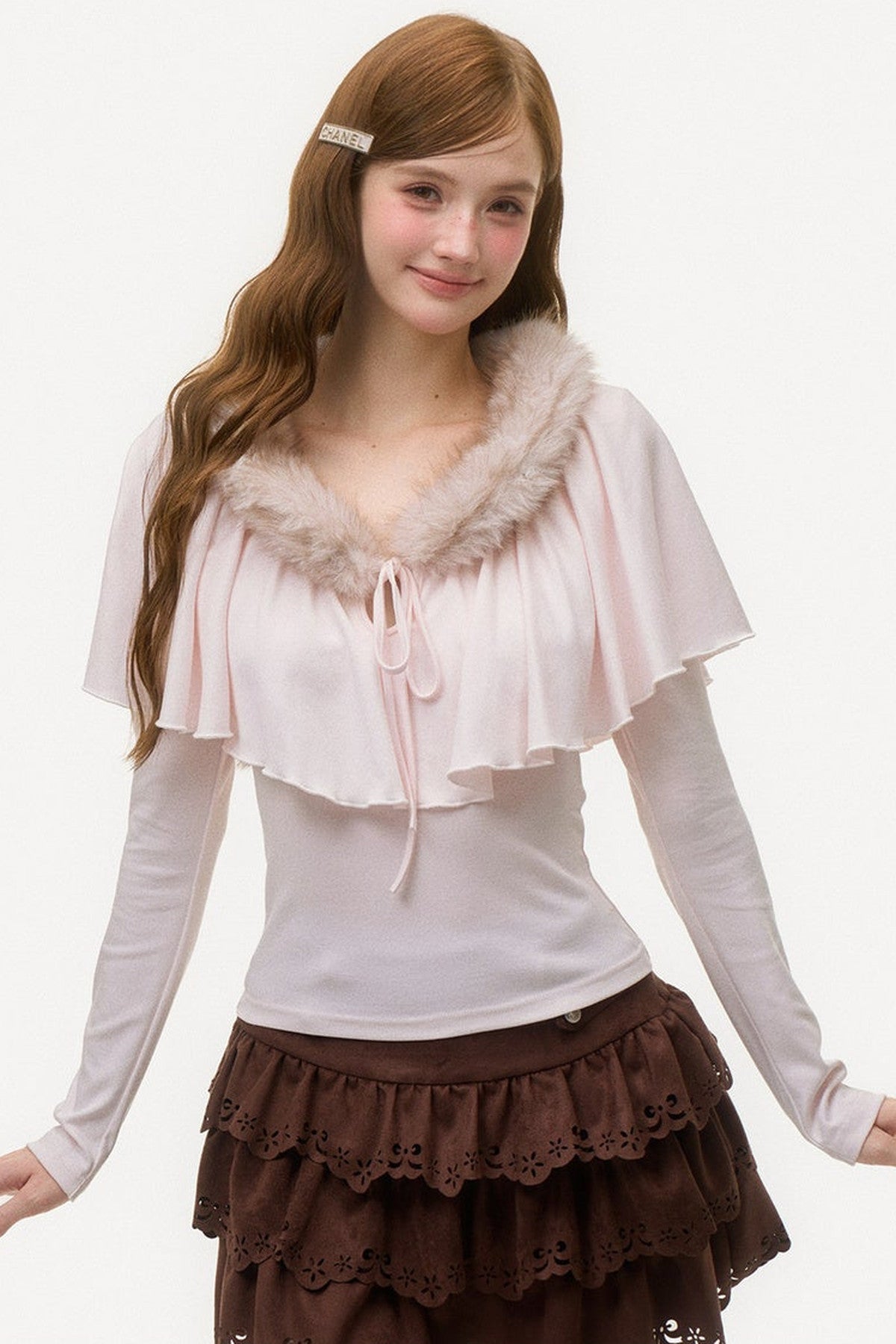 Large Ruffle Cape Shawl Fur Top
