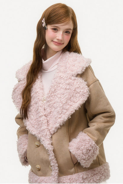 Pink Lamb Wool Patchwork Suede Jacket