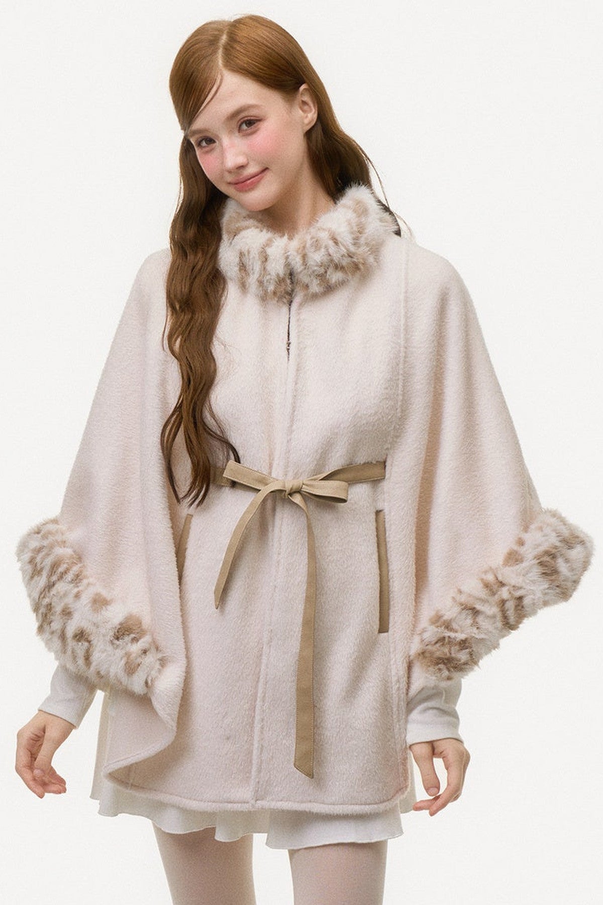 Leopard Print Fur Spliced Wool Cape