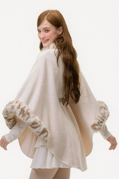 Leopard Print Fur Spliced Wool Cape