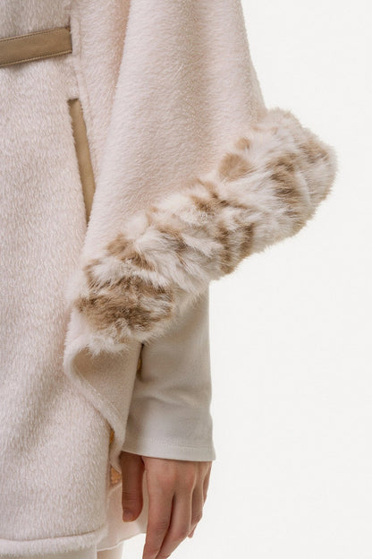 Leopard Print Fur Spliced Wool Cape