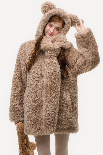Hooded Bear Ear Fur Coat
