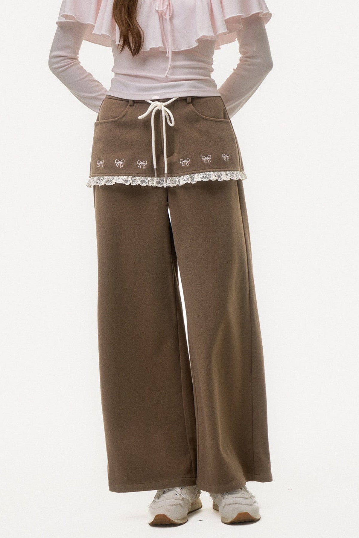Bow Embroidered Layered-Look Pants