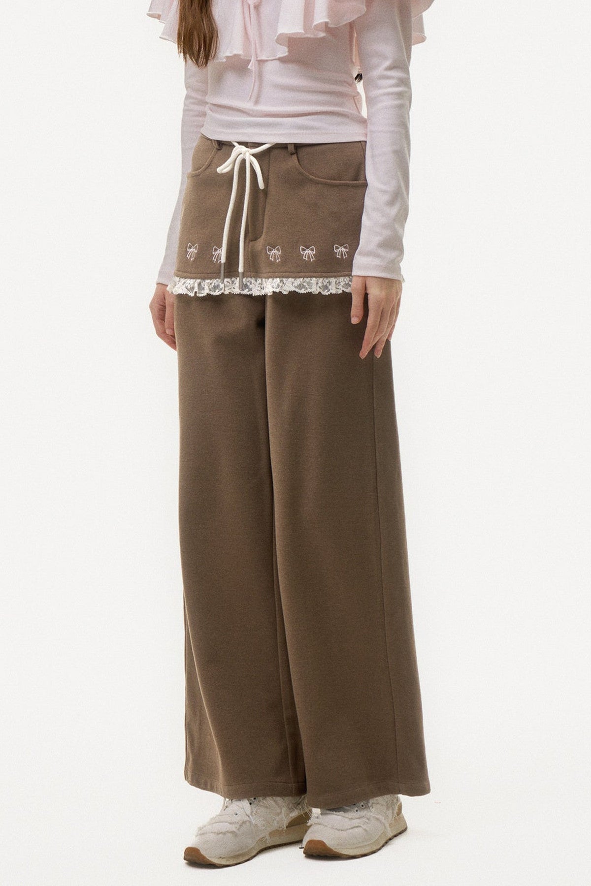 Bow Embroidered Layered-Look Pants