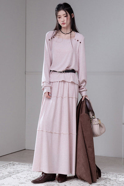 Wool Silk Diamond Neck Knit Top And Skirt Set