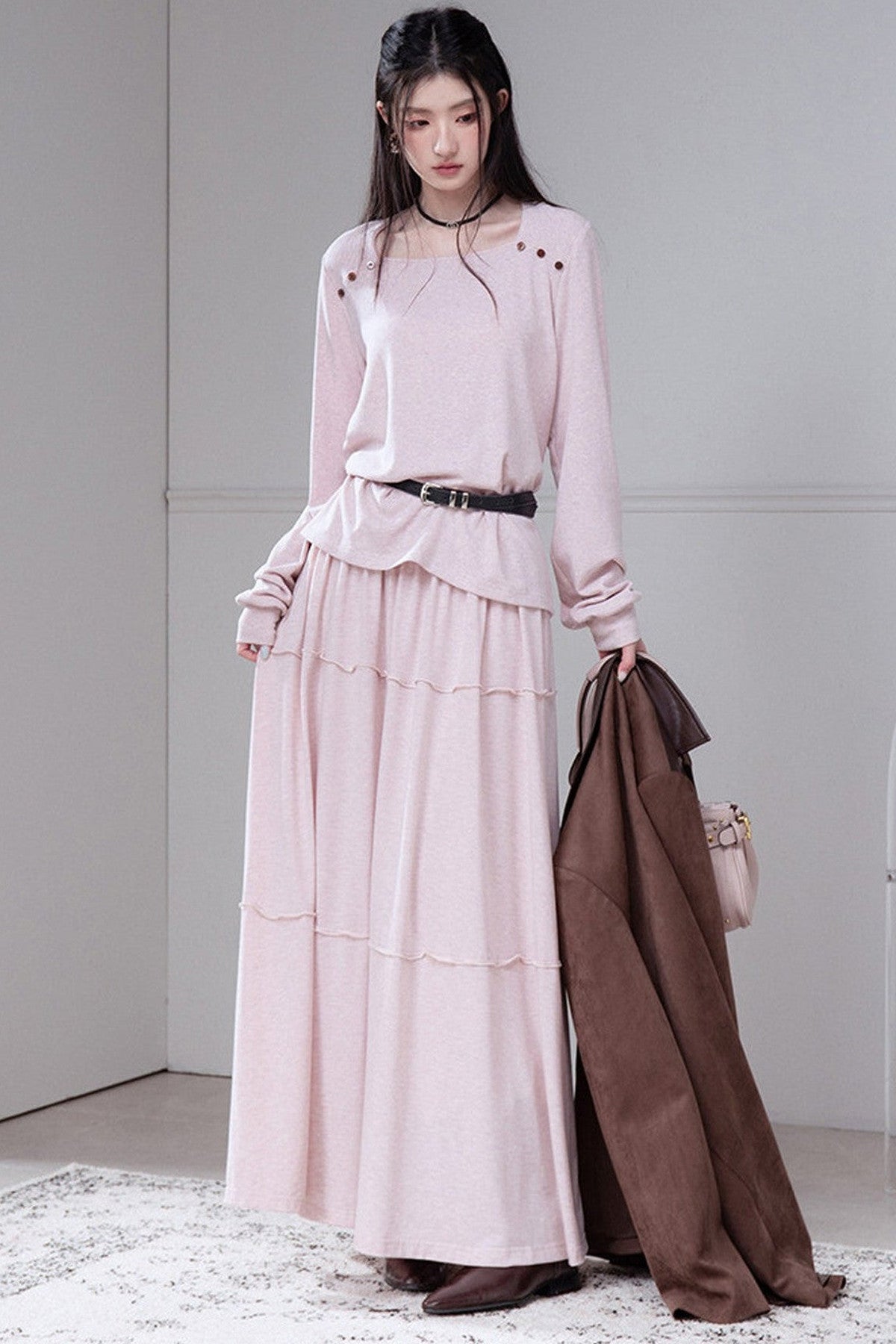 Wool Silk Diamond Neck Knit Top And Skirt Set