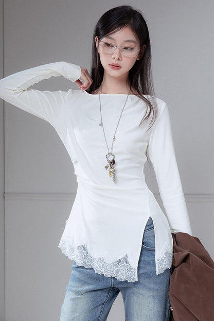 Asymmetrical Pleated Patchwork Lace Knit Top
