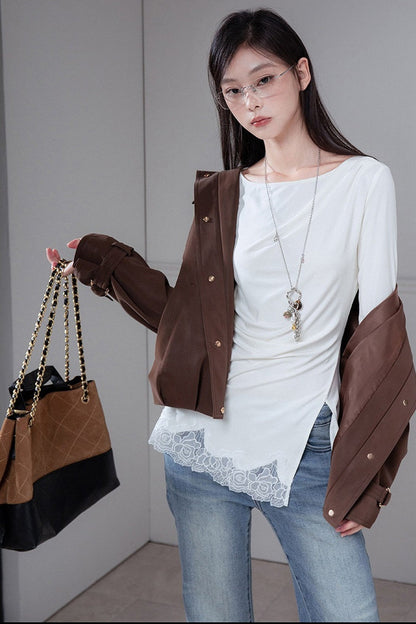 Asymmetrical Pleated Patchwork Lace Knit Top
