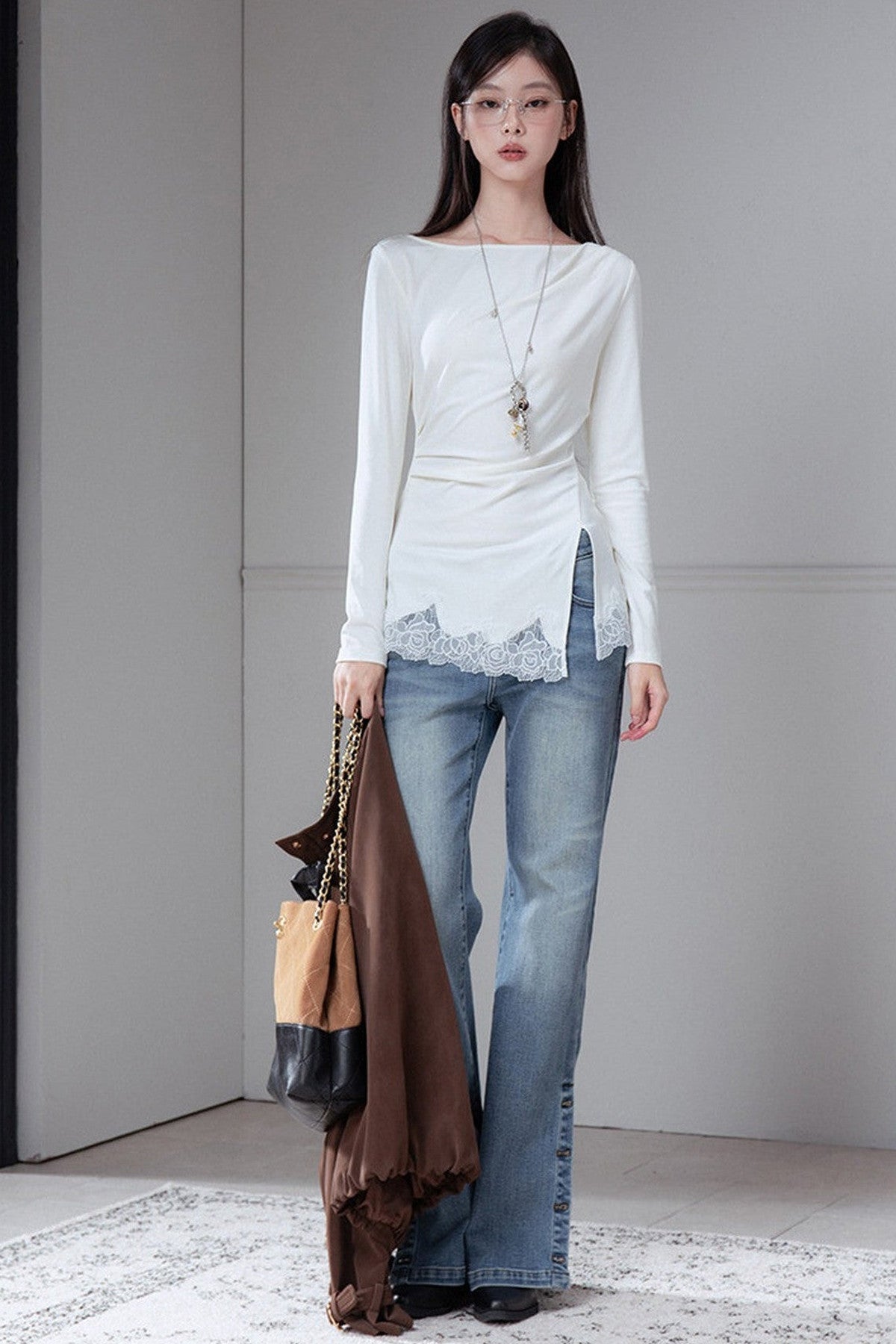 Asymmetrical Pleated Patchwork Lace Knit Top