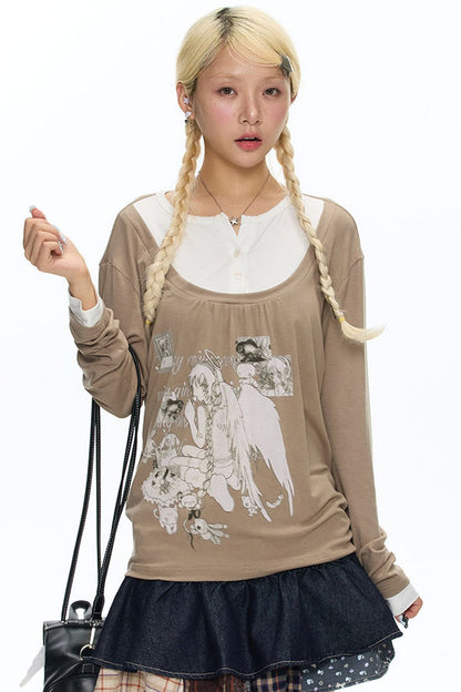 Brown Layered-Look Long Sleeve T-Shirt