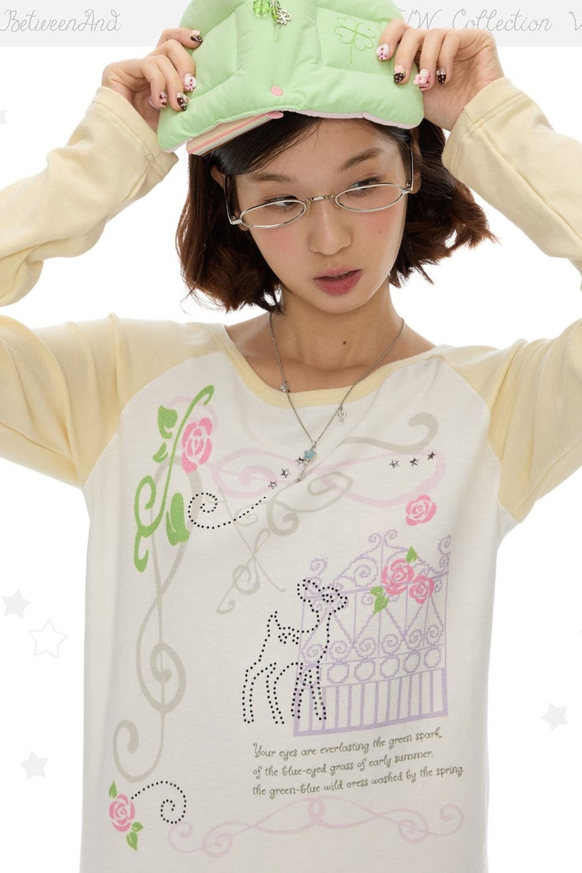 Deer Rose Print Long Sleeve Raglan Tee