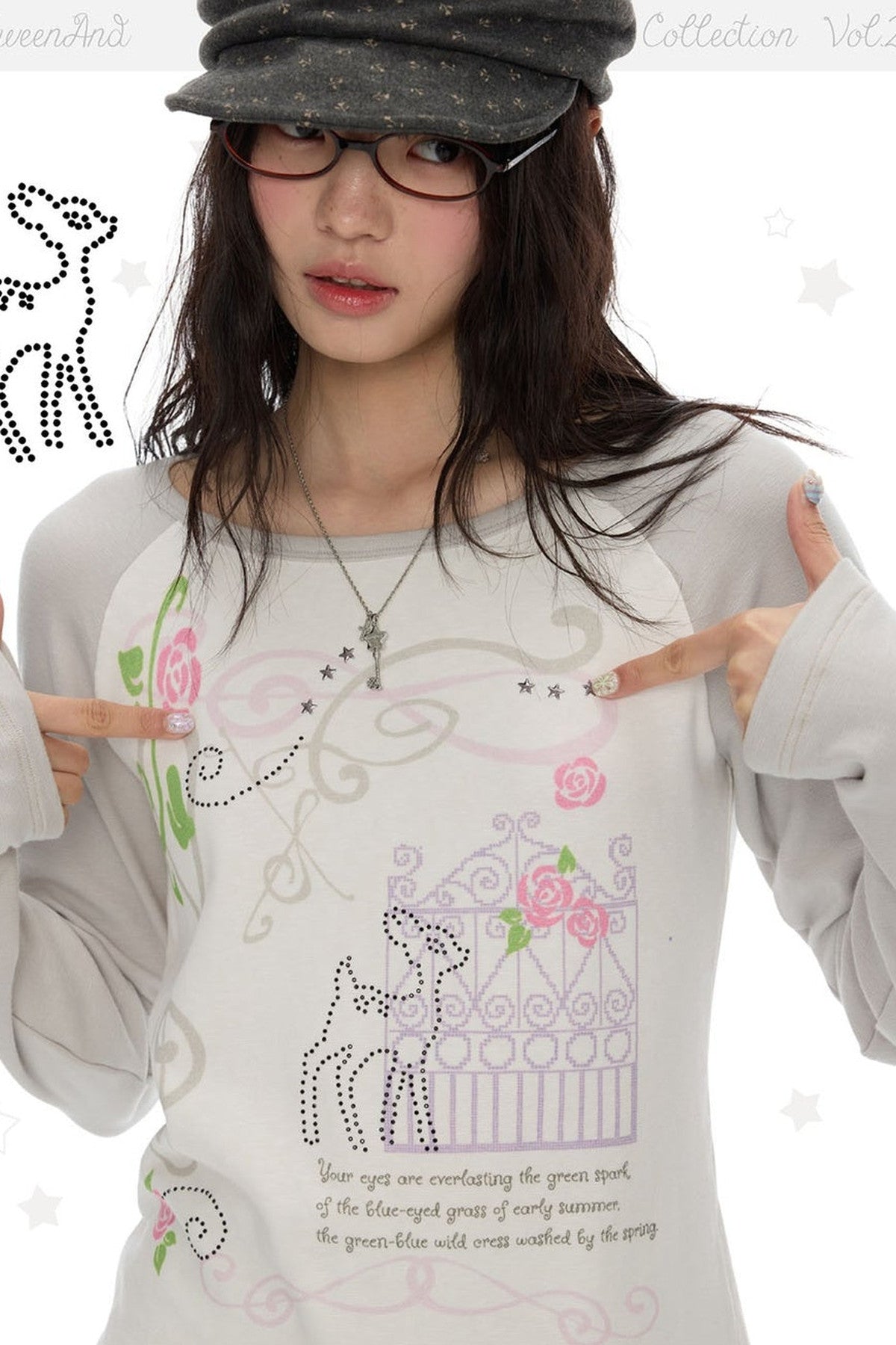 Deer Rose Print Long Sleeve Raglan Tee