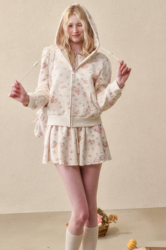 Bunny Print Hoodie Sweatshirt and Culottes Set-Up