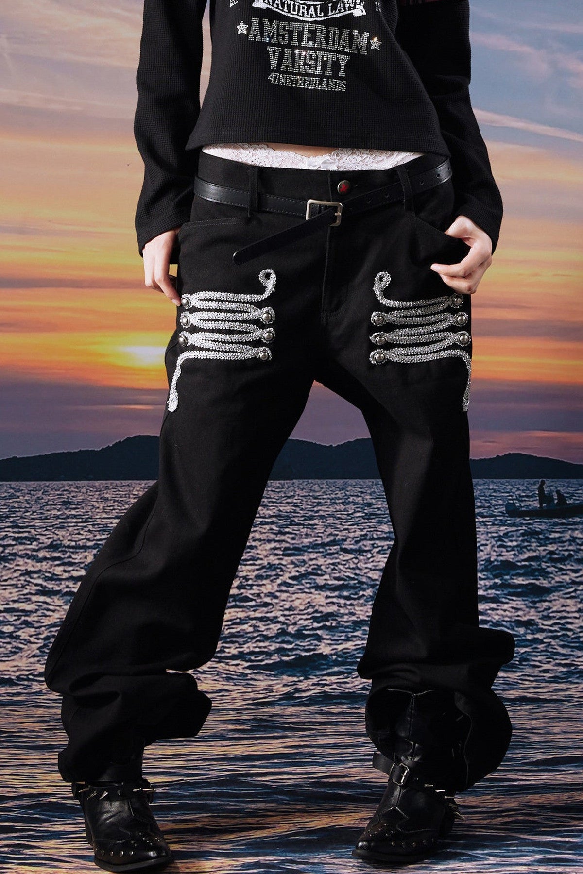 Straight-Leg Lace-Up Denim Jeans