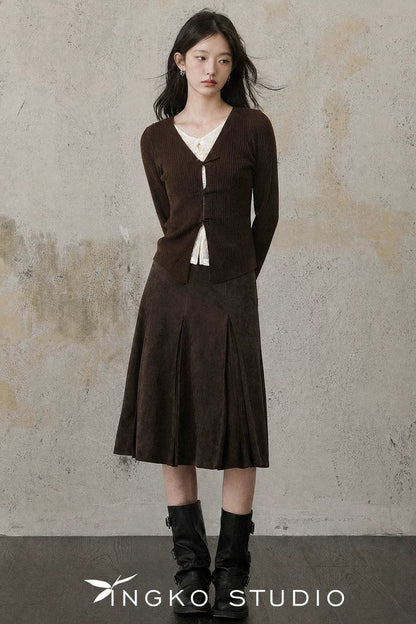 Retro Suede Pleated Skirt