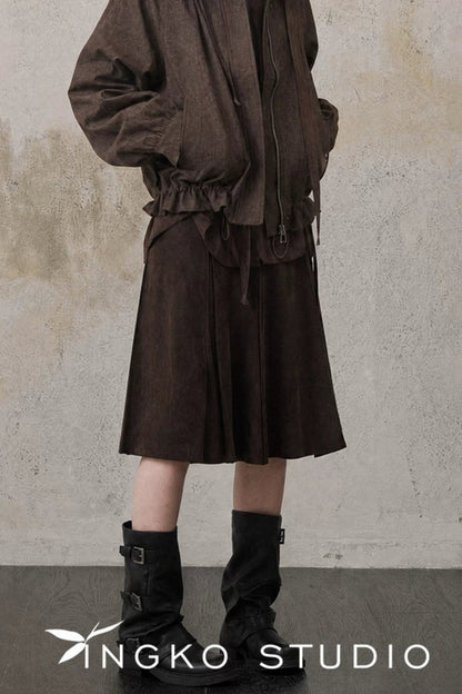 Retro Suede Pleated Skirt