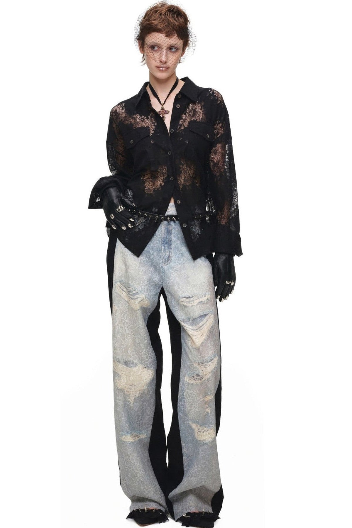 Washed Ripped Lace Straight-Leg Pants