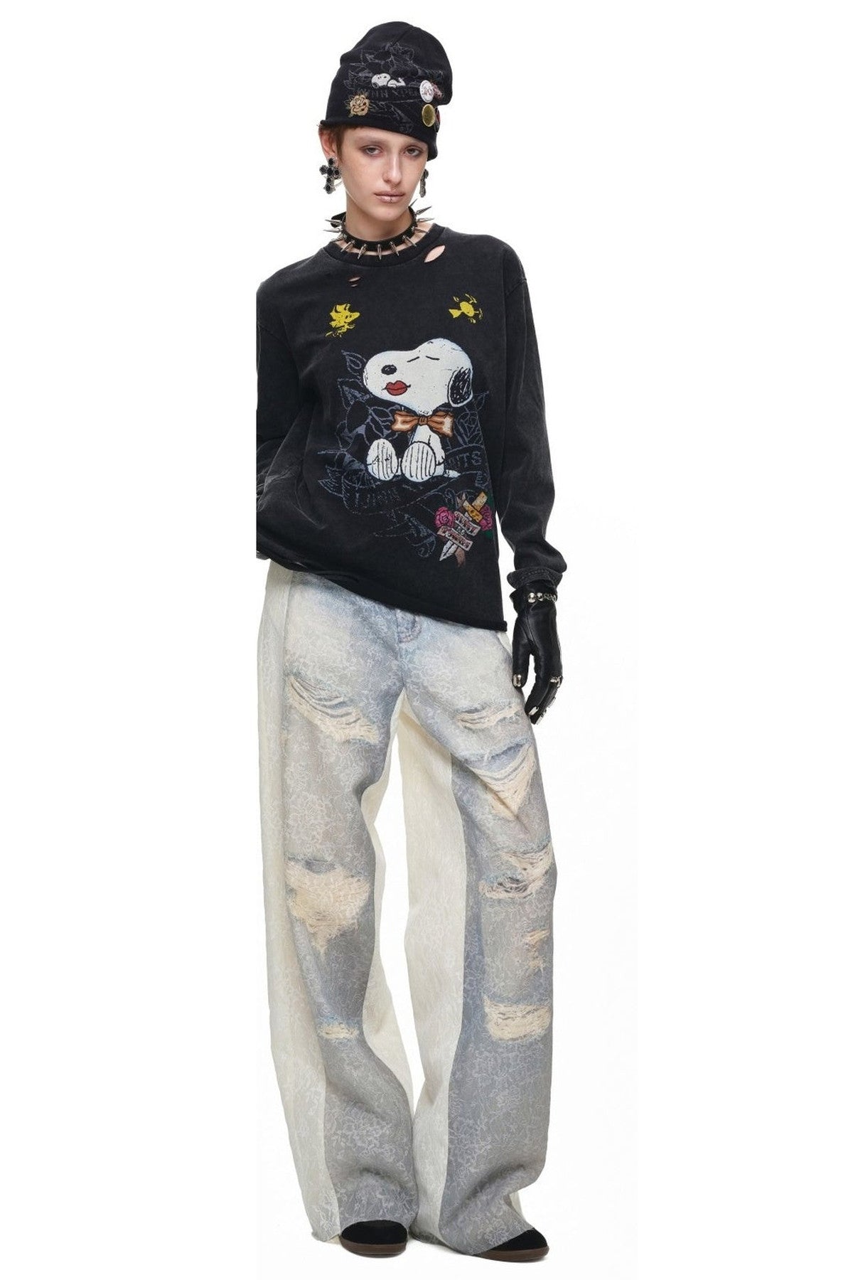 Washed Ripped Lace Straight-Leg Pants