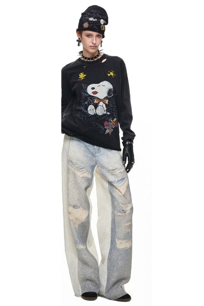Washed Ripped Lace Straight-Leg Pants