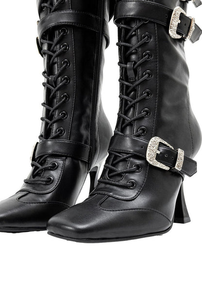 Lace-Up Metal Buckle Stiletto Boots