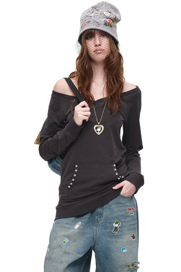 Studded Off-Shoulder V-Neck Top