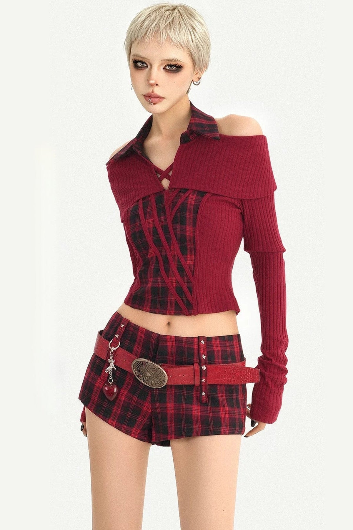 Red Black Off-Shoulder Knit Top and Shorts Set-Up