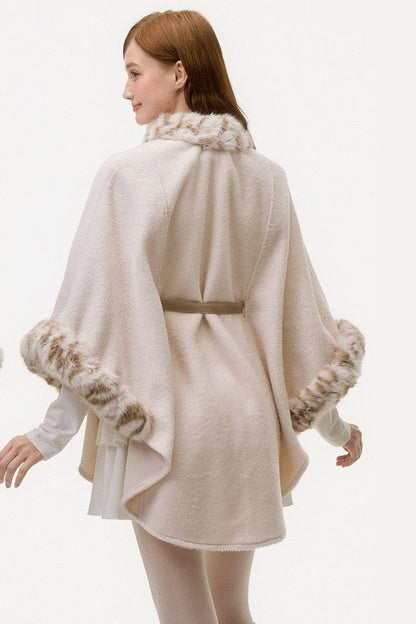Leopard Print Fur Spliced Wool Cape