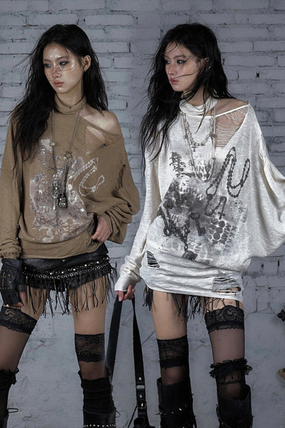 Ripped Off-Shoulder Punk Print Knit Top