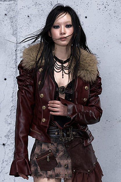 Detachable Fur Collar Quilted Leather Jacket