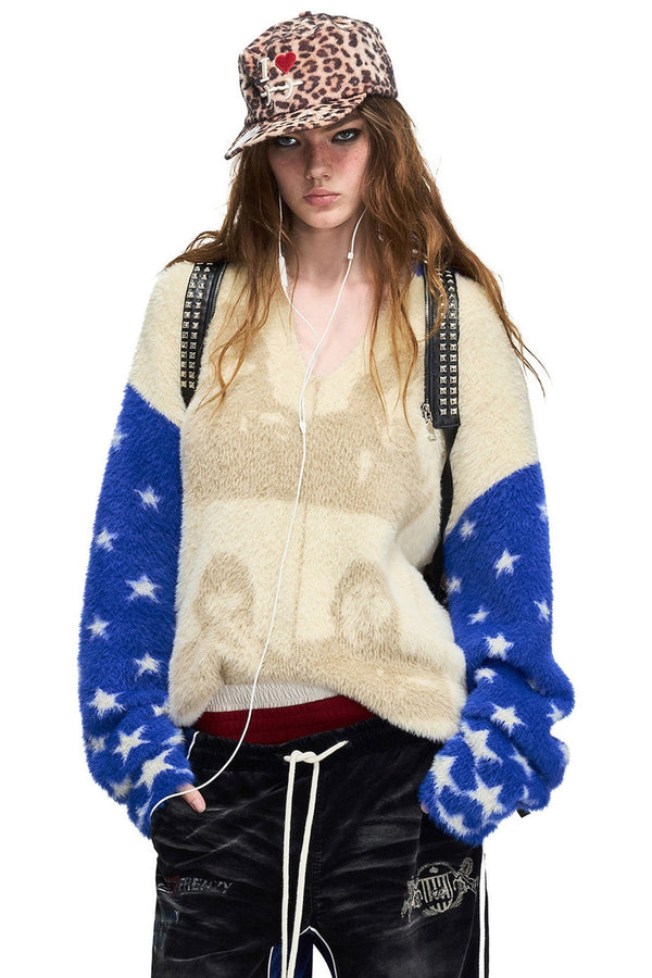 Star Portrait Faux Mink V-Neck Pullover