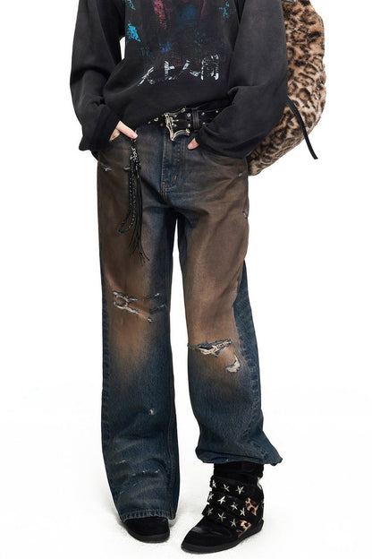 Mud-Dyed Distressed Flared Jeans