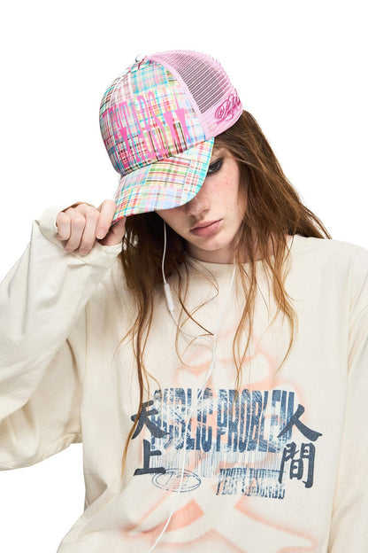 Plaid Flocking Mesh Trucker Cap