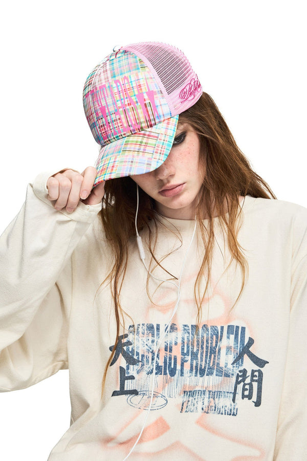 Plaid Flocking Mesh Trucker Cap