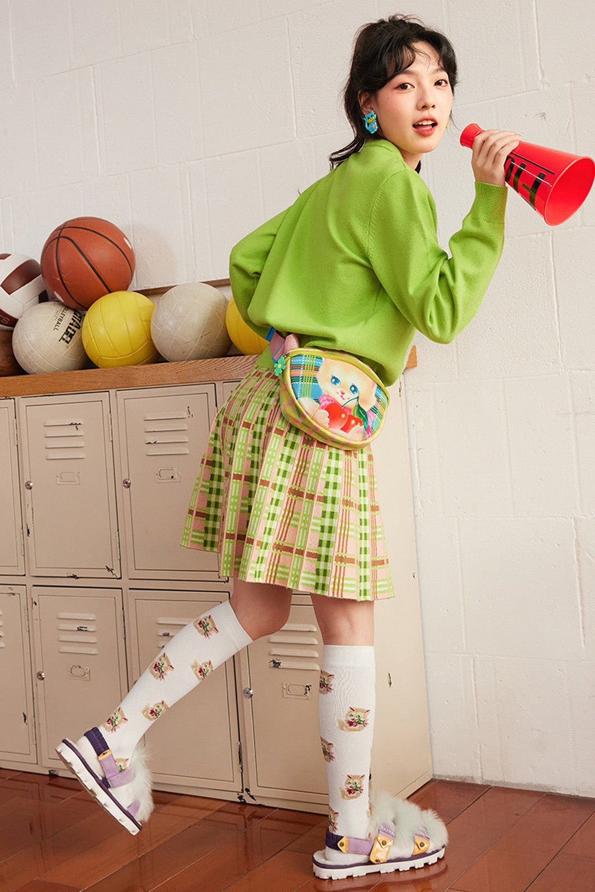 Green Cherry Cat Knit Cardigan Top