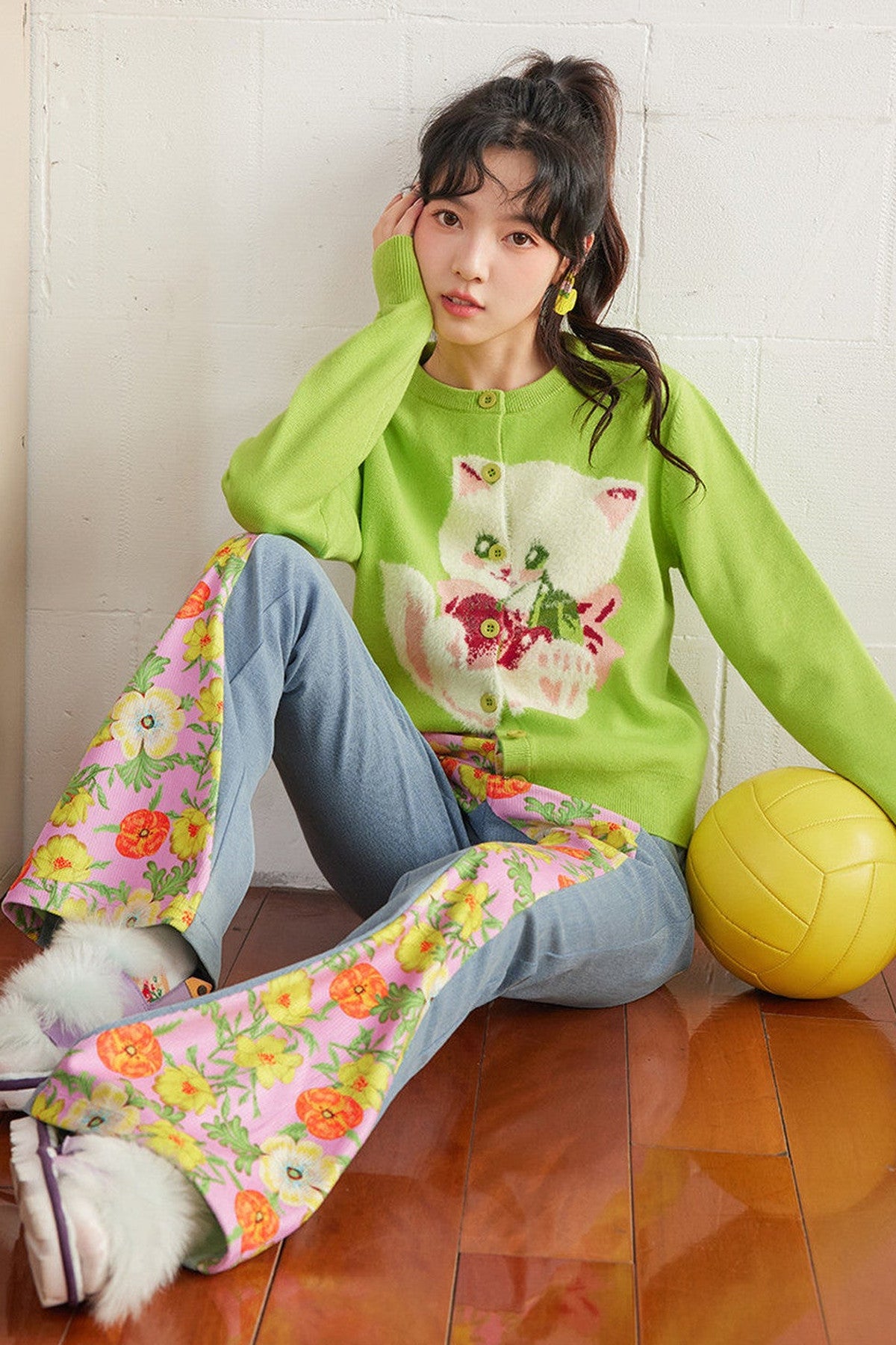 Green Cherry Cat Knit Cardigan Top