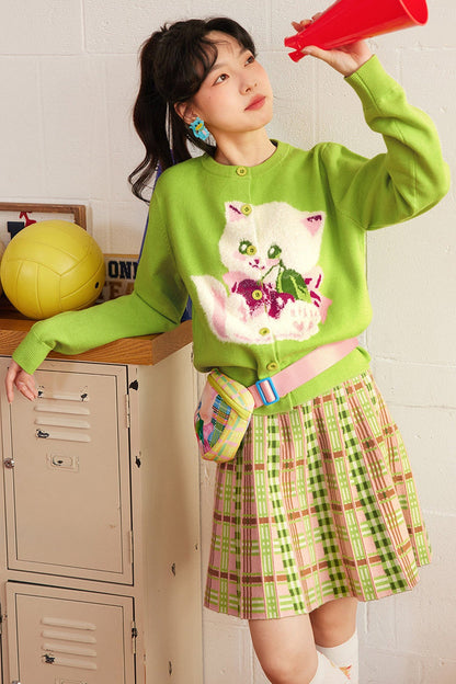 Green Cherry Cat Knit Cardigan Top
