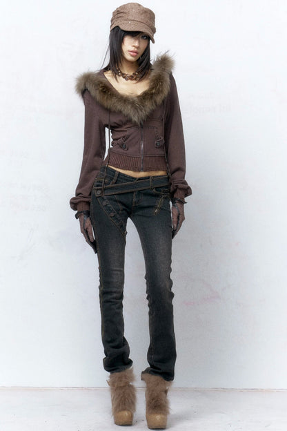 Detachable Fur Collar Studded Cotton Jacket