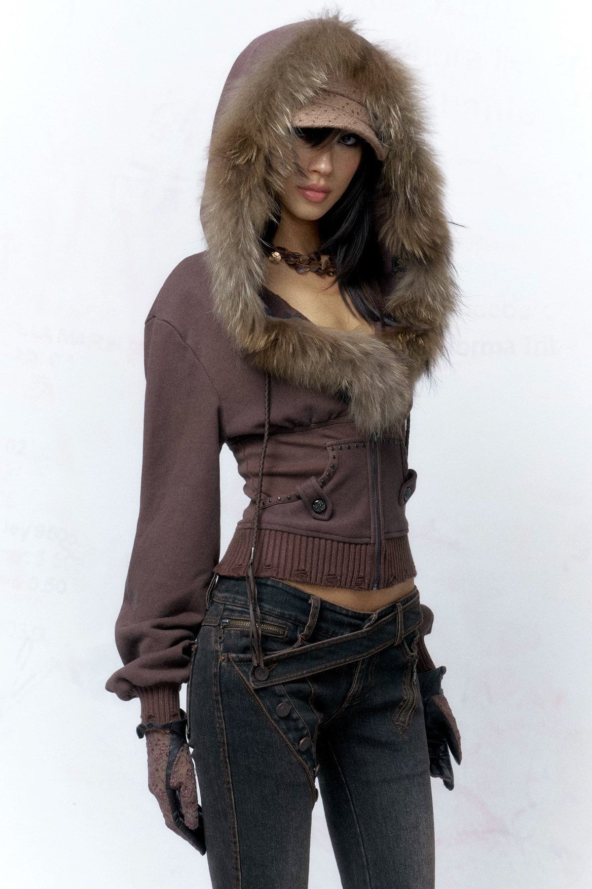 Detachable Fur Collar Studded Cotton Jacket