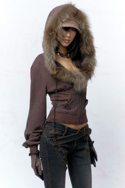 Detachable Fur Collar Studded Cotton Jacket