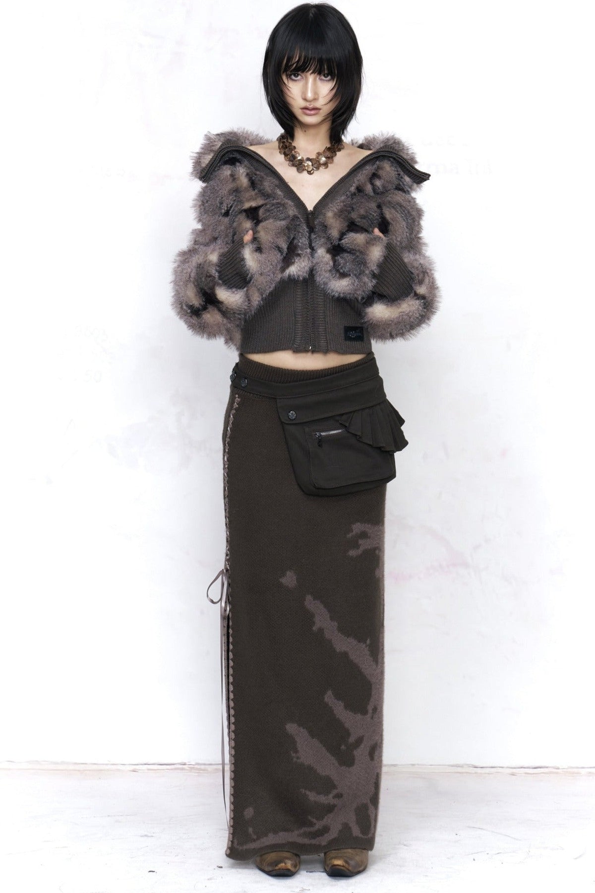 Gray Purple Knit Fur Coat